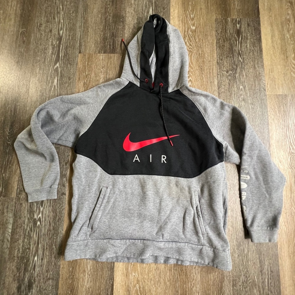 Nike Air Hoodie Pullover Mens Large Grey Black Red Colorblock Raglan Swoosh